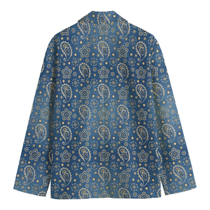 Blue Denim Western Paisley Print Men's Cotton Blazer