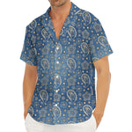 Blue Denim Western Paisley Print Men's Deep V-Neck Shirt