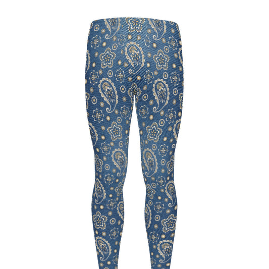 Blue Denim Western Paisley Print Men's leggings