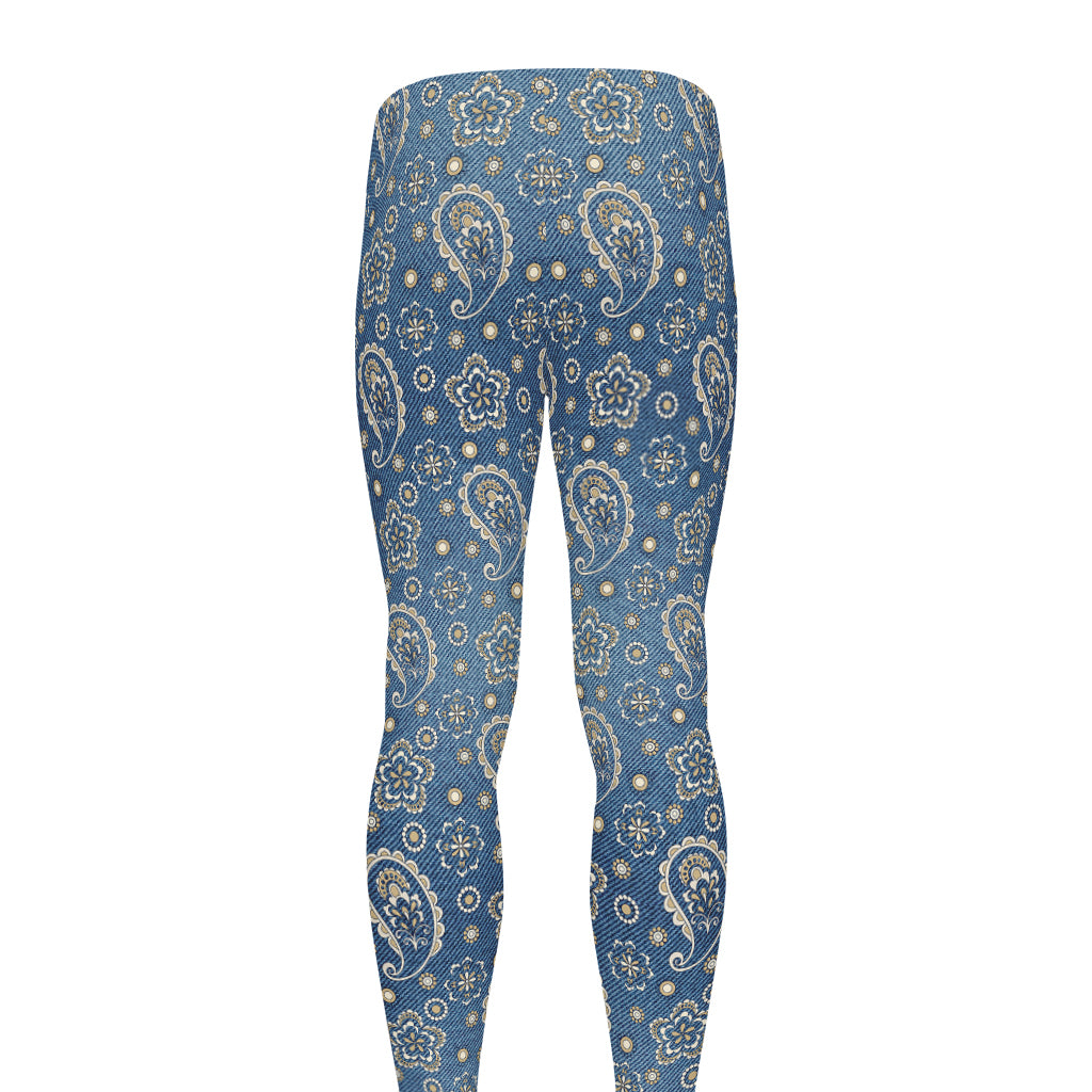 Blue Denim Western Paisley Print Men's leggings