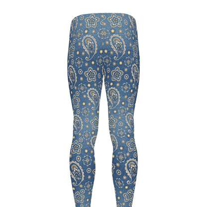 Blue Denim Western Paisley Print Men's leggings