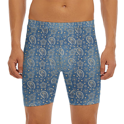 Blue Denim Western Paisley Print Men's Long Boxer Briefs