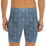 Blue Denim Western Paisley Print Men's Long Boxer Briefs