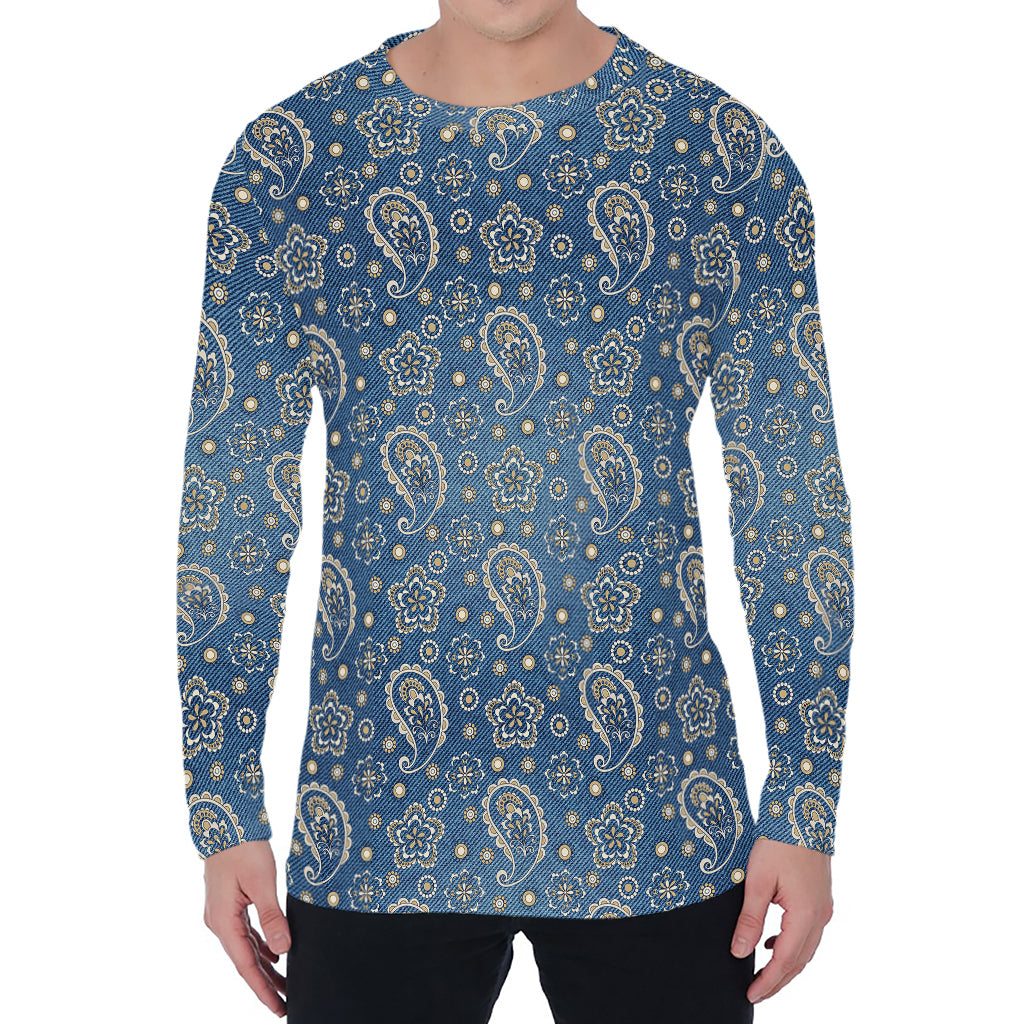 Blue Denim Western Paisley Print Men's Long Sleeve T-Shirt