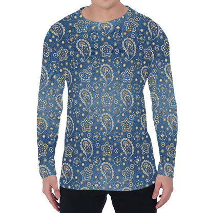 Blue Denim Western Paisley Print Men's Long Sleeve T-Shirt