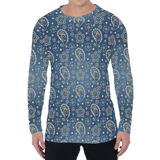Blue Denim Western Paisley Print Men's Long Sleeve T-Shirt