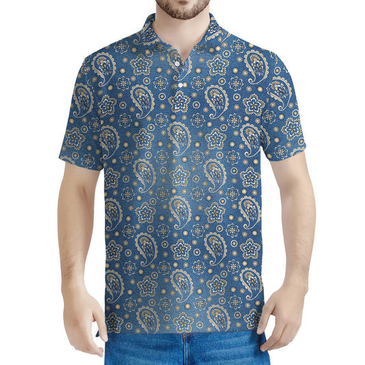 Blue Denim Western Paisley Print Men's Polo Shirt