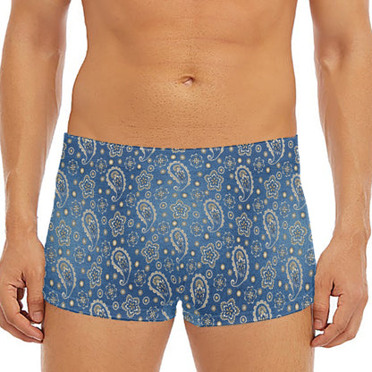 Blue Denim Western Paisley Print Men's Short Boxer Briefs