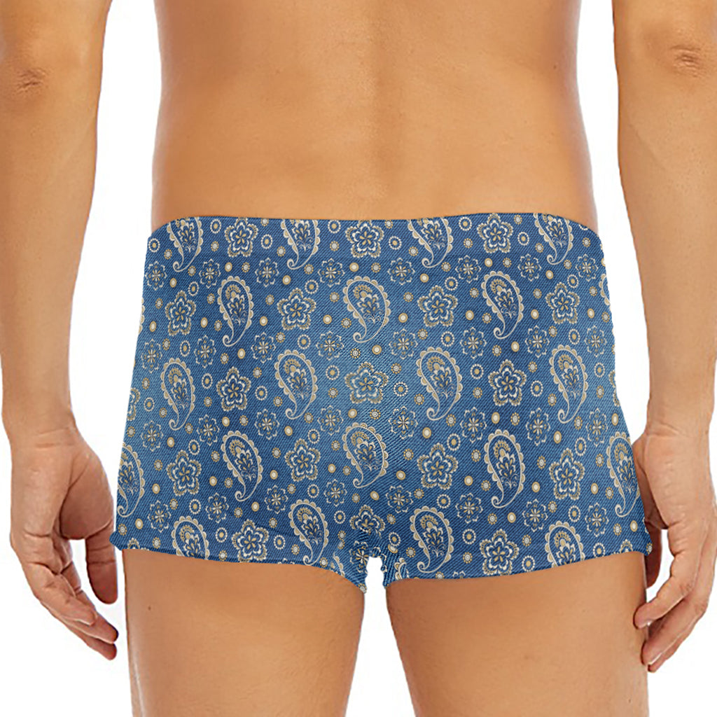 Blue Denim Western Paisley Print Men's Short Boxer Briefs