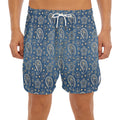Blue Denim Western Paisley Print Men's Split Running Shorts