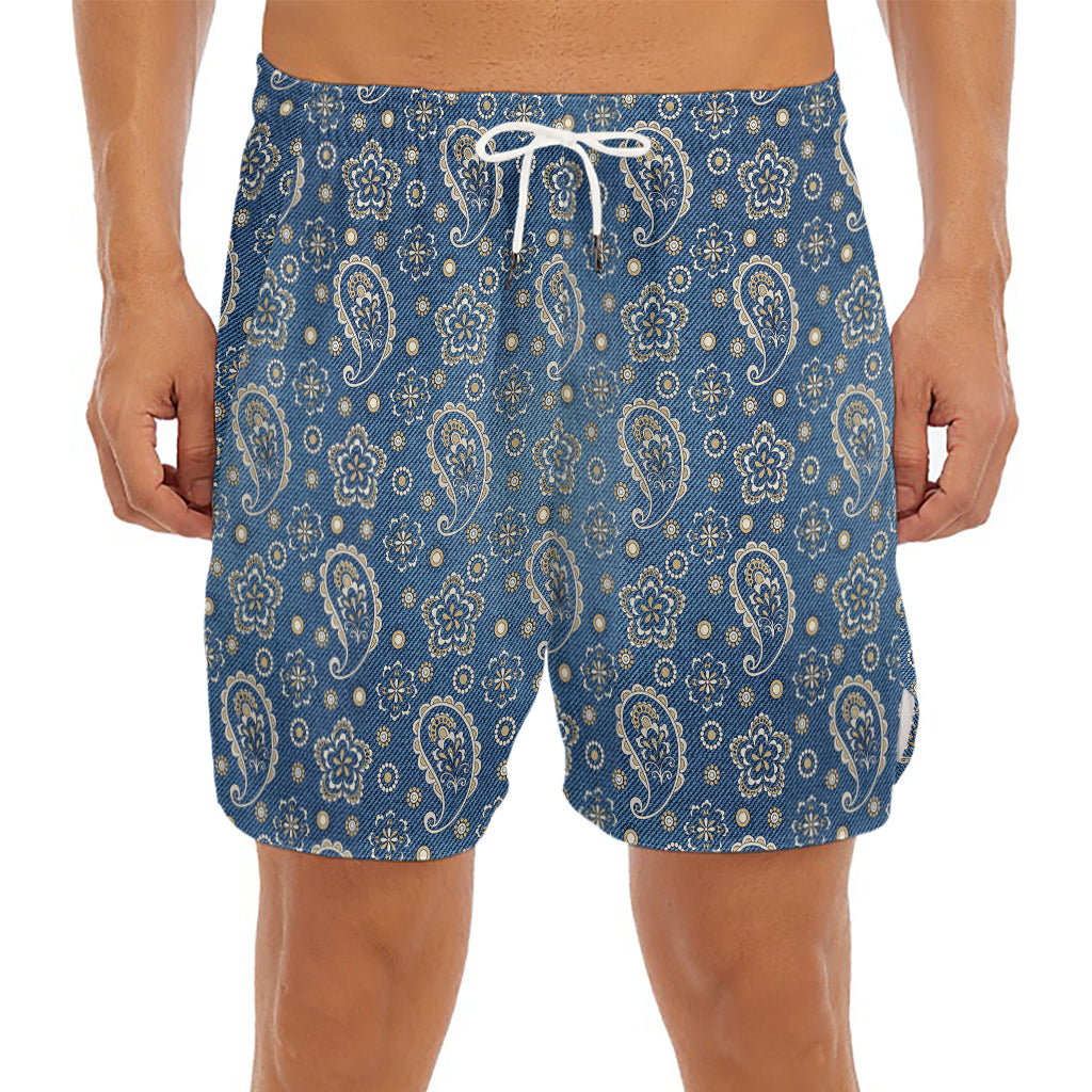 Blue Denim Western Paisley Print Men's Split Running Shorts
