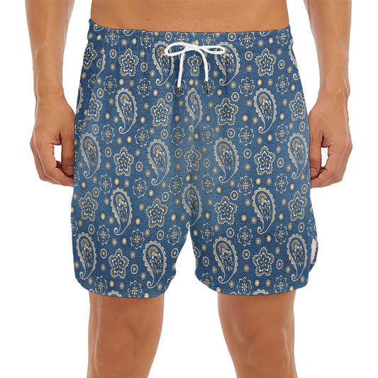Blue Denim Western Paisley Print Men's Split Running Shorts