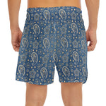 Blue Denim Western Paisley Print Men's Split Running Shorts
