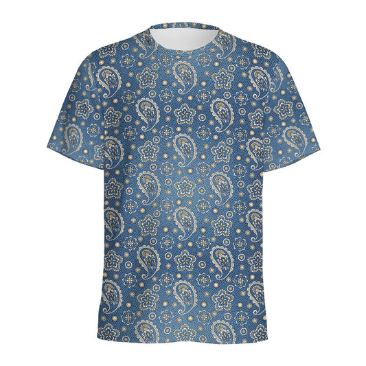 Blue Denim Western Paisley Print Men's Sports T-Shirt