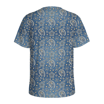 Blue Denim Western Paisley Print Men's Sports T-Shirt
