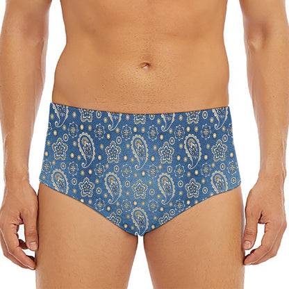 Blue Denim Western Paisley Print Men's Triangle Swim Briefs