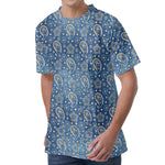 Blue Denim Western Paisley Print Men's Velvet T-Shirt