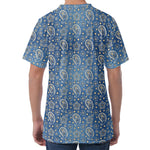 Blue Denim Western Paisley Print Men's Velvet T-Shirt