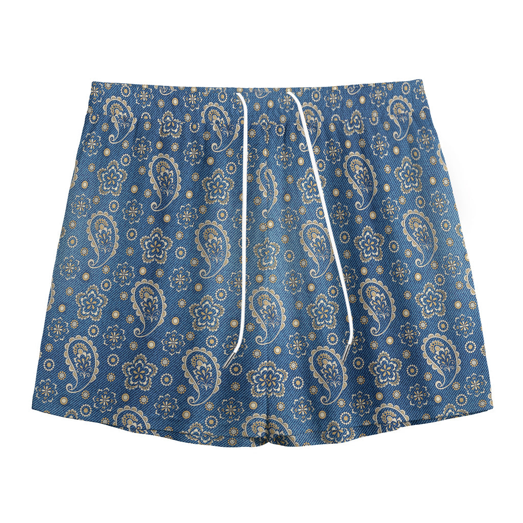 Blue Denim Western Paisley Print Mesh Shorts