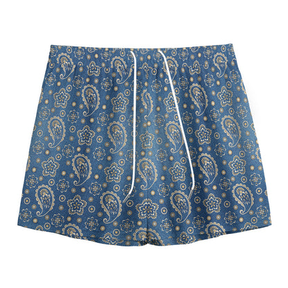 Blue Denim Western Paisley Print Mesh Shorts