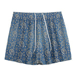 Blue Denim Western Paisley Print Mesh Shorts