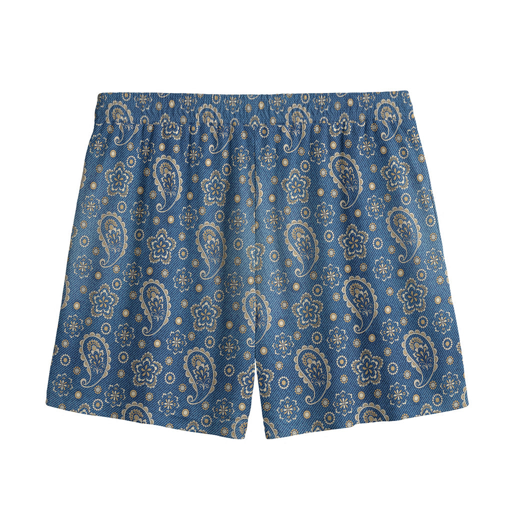 Blue Denim Western Paisley Print Mesh Shorts