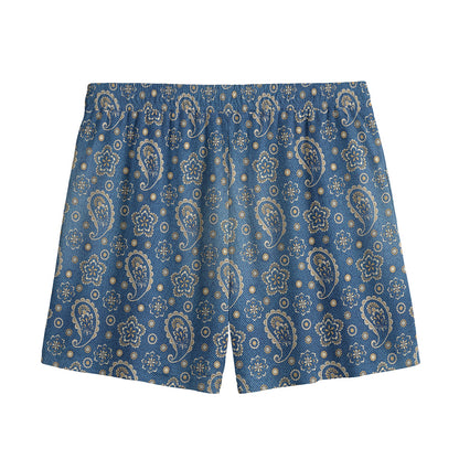 Blue Denim Western Paisley Print Mesh Shorts