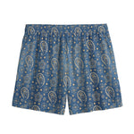 Blue Denim Western Paisley Print Mesh Shorts