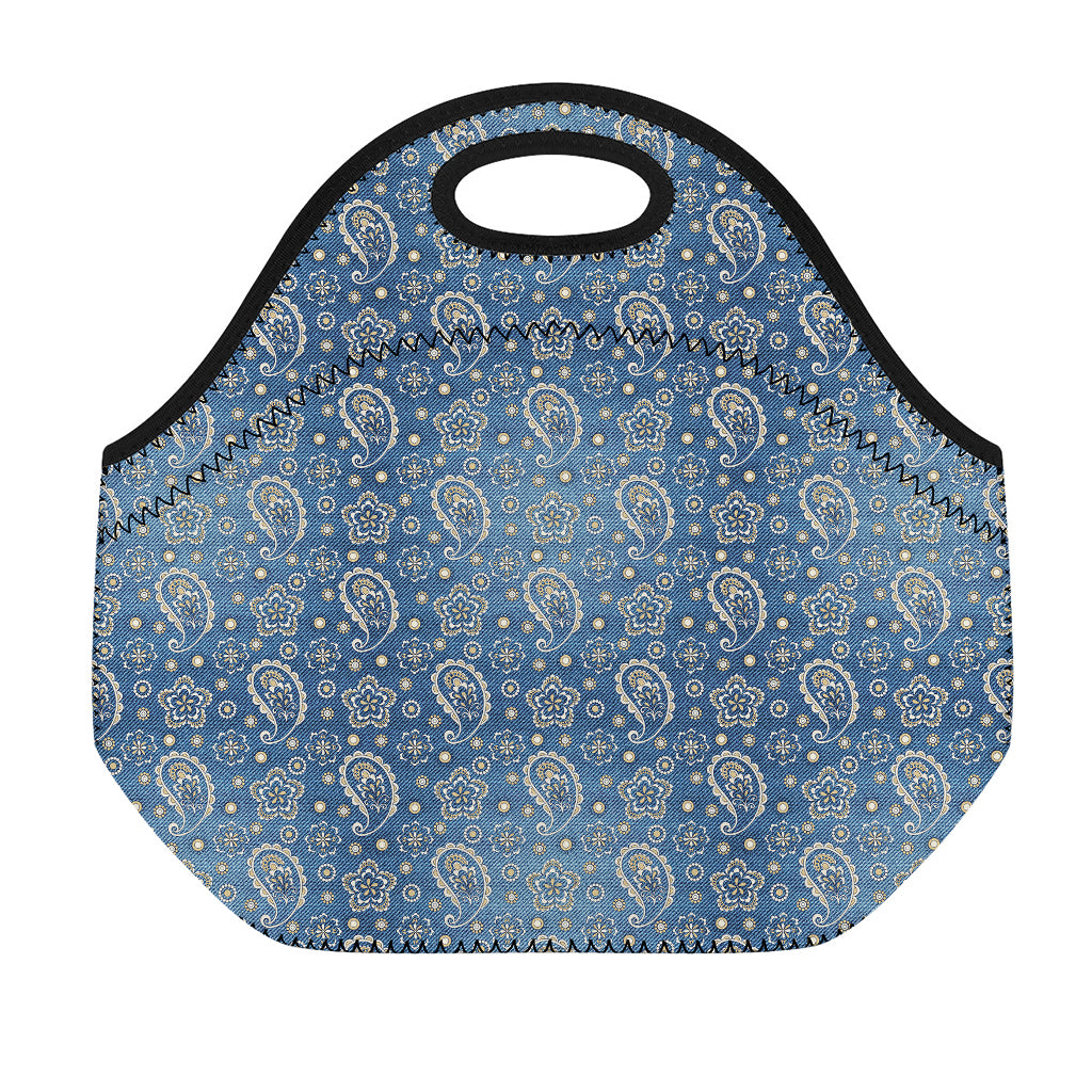 Blue Denim Western Paisley Print Neoprene Lunch Bag