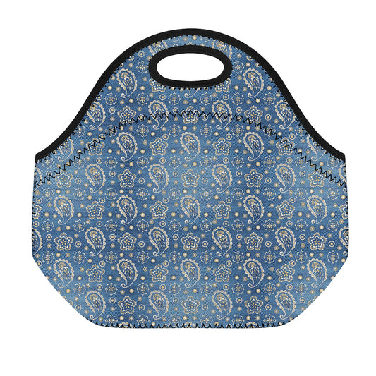 Blue Denim Western Paisley Print Neoprene Lunch Bag
