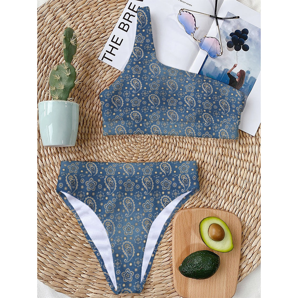 Blue Denim Western Paisley Print One Shoulder Bikini Top