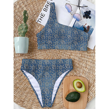 Blue Denim Western Paisley Print One Shoulder Bikini Top