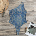 Blue Denim Western Paisley Print One Shoulder Bodysuit