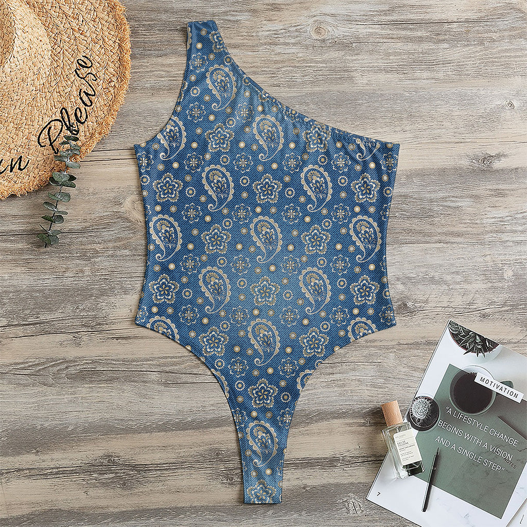 Blue Denim Western Paisley Print One Shoulder Bodysuit