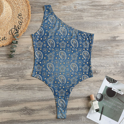 Blue Denim Western Paisley Print One Shoulder Bodysuit