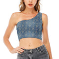 Blue Denim Western Paisley Print One Shoulder Crop Top