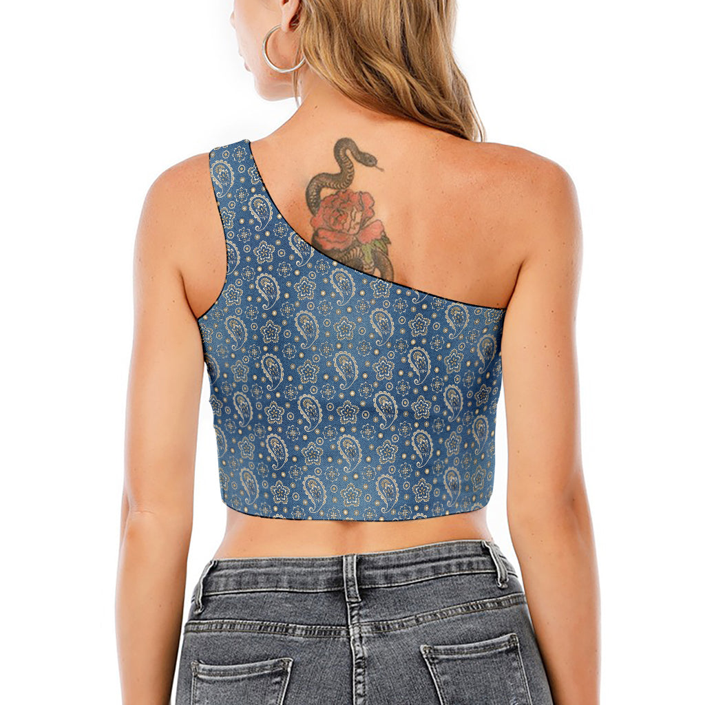 Blue Denim Western Paisley Print One Shoulder Crop Top