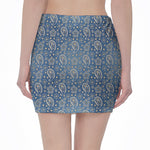 Blue Denim Western Paisley Print Pencil Mini Skirt