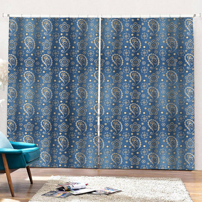 Blue Denim Western Paisley Print Pencil Pleat Curtains