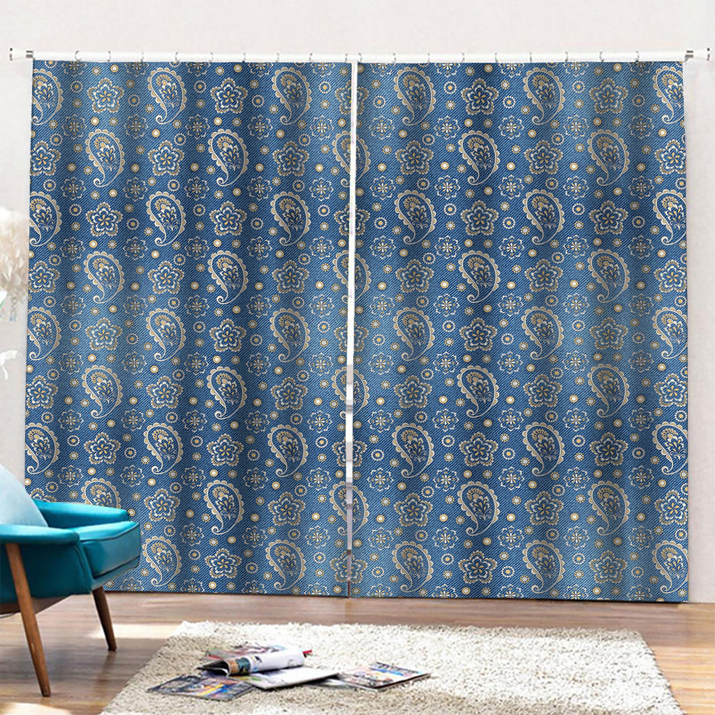 Blue Denim Western Paisley Print Pencil Pleat Curtains