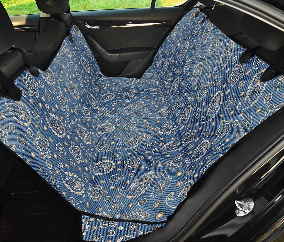 Blue Denim Western Paisley Print Pet Car Back Seat Cover