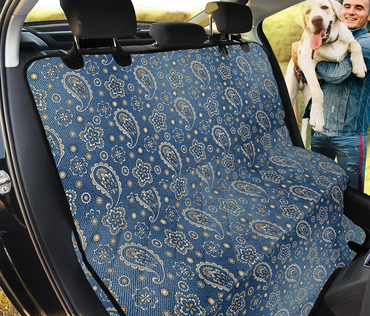 Blue Denim Western Paisley Print Pet Car Back Seat Cover