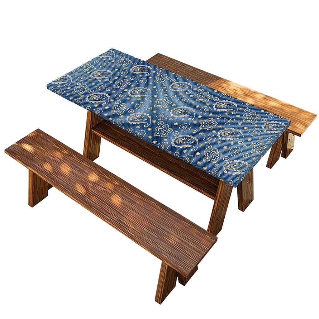 Blue Denim Western Paisley Print Picnic Table Cover