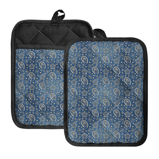 Blue Denim Western Paisley Print Pot Holders With Pocket