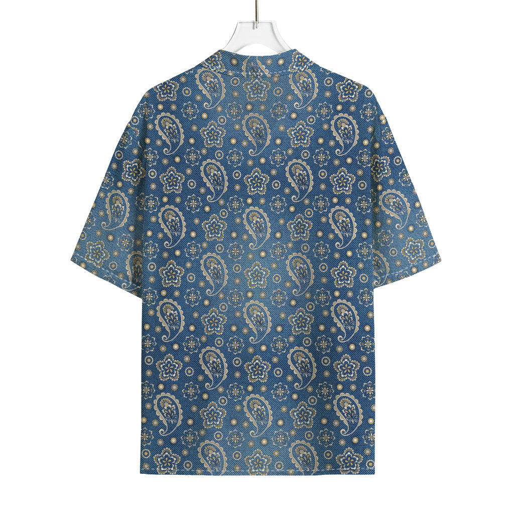 Blue Denim Western Paisley Print Rayon Hawaiian Shirt
