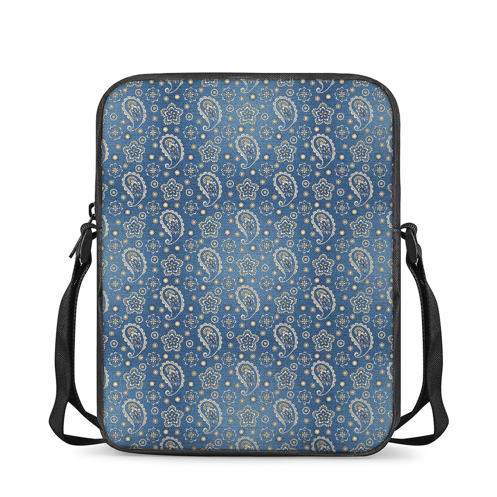 Blue Denim Western Paisley Print Rectangular Crossbody Bag