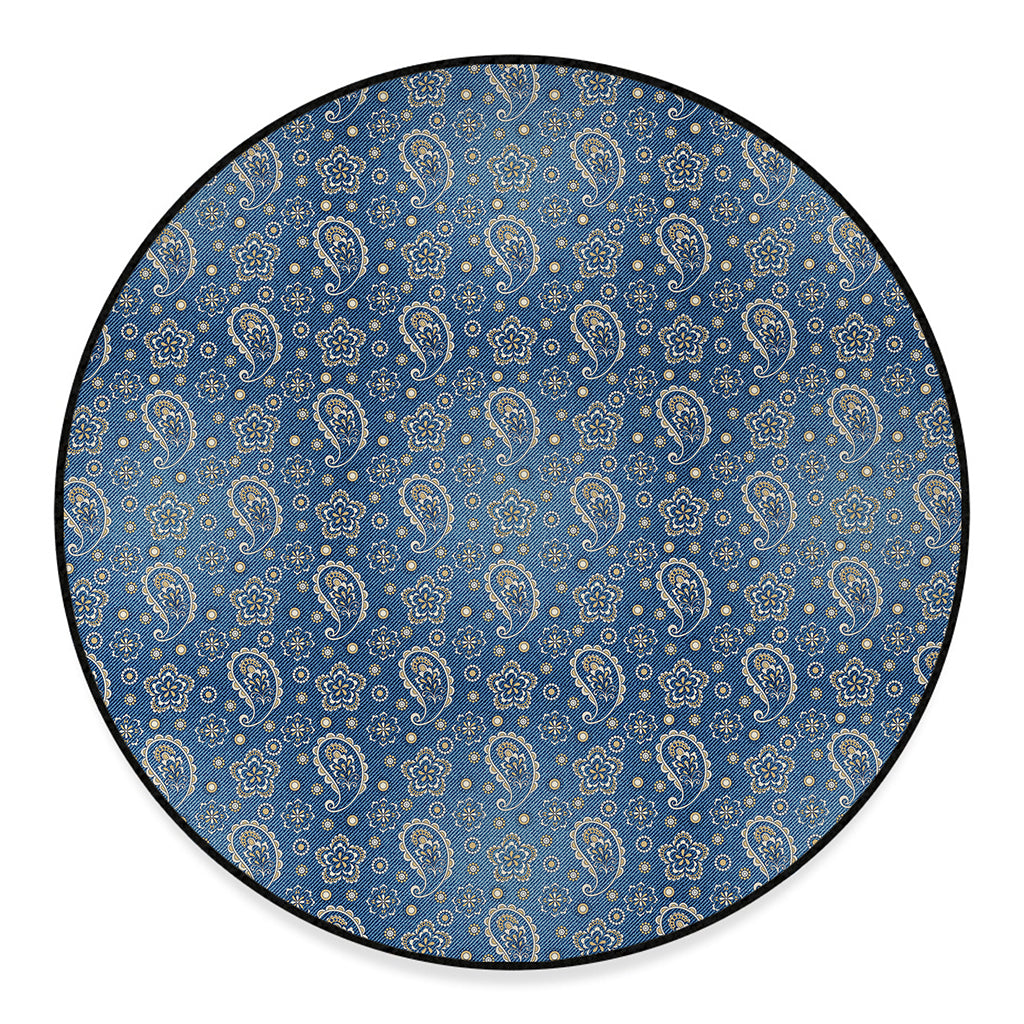 Blue Denim Western Paisley Print Round Floor Mat