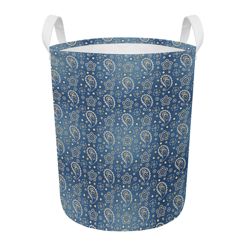 Blue Denim Western Paisley Print Round Laundry Basket