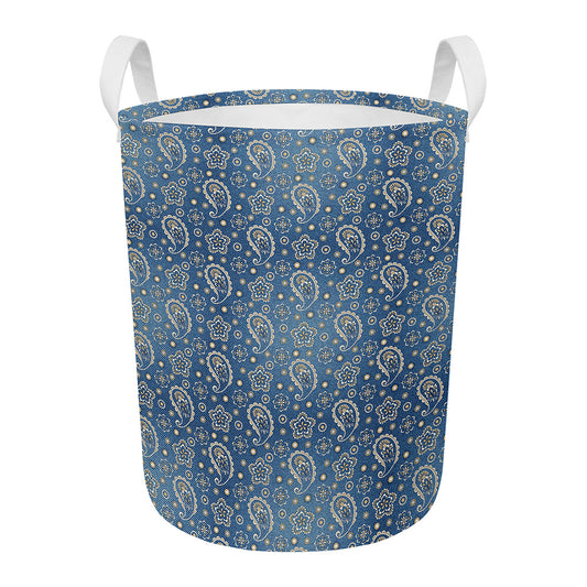Blue Denim Western Paisley Print Round Laundry Basket