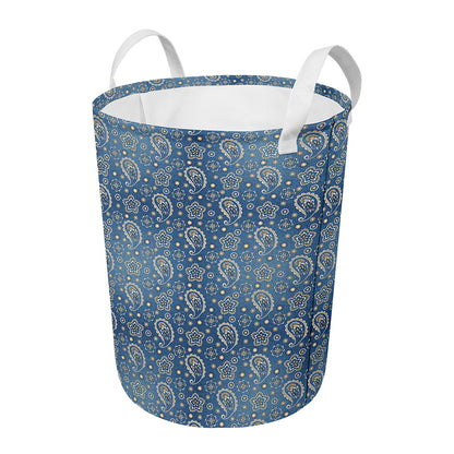 Blue Denim Western Paisley Print Round Laundry Basket